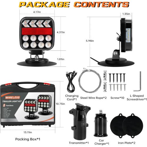 Wireless Trailer Lights, Adjustable Magnetic LED Trailer Lights with Reflectors, Rechargeable Tow Tail Light Kit for Trucks, Boats, RVs, Campers, IP67 Waterproof