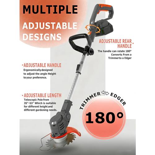 Electric Weed Wacker Cordless Battery Powered,20V Lightweight Weed Trimmer Eater with 2 Battery and Charger,3 in 1 Grass Trimmer/Brush Cutter/Lawn Edger with 26 Blade for Yard,Garden