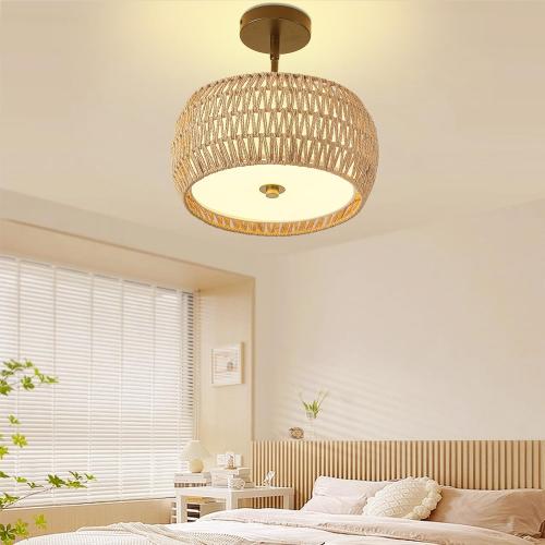 Rattan Pendant Light Kitchen Island,12.8 Hand-woven Modern Semi Flush Mount Ceiling Light Fixture,Boho Woven Lamp Shade Chandelier,Adjustable Farmhouse Hanging Light for Bedroom Bar Hallway