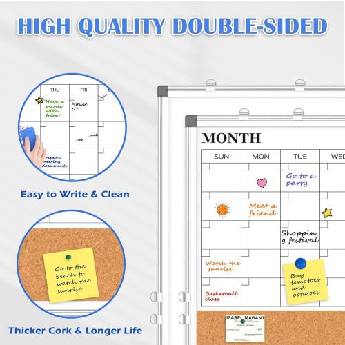 Large Monthly Dry Erase Calendar Whiteboard for Wall, 48 x 36 Double-Sided Big Calendar White Board Cork Board Combo, Aluminum Framed Month Planning Bulletin Board for Office, School, Home