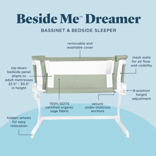 Baby Delight Beside Me™ Dreamer Bassinet | Bedside Sleeper & Baby Bassinet | 8-Position Height Adjustment | 100% GOTS Certified Organic Cotton Fabric | Organic Sage