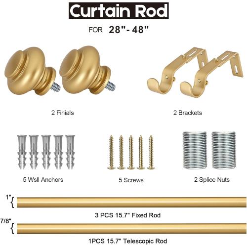 SIMEWIN Gold Curtain Rods for Windows 28 to 48 Inches Adjustable Decorative 1 Inch Diameter Single Window Curtain Rod Set with Classic Finials, Gold Finishing