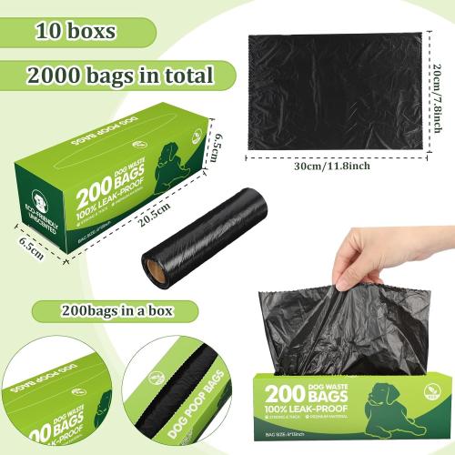 Sherr 10 Boxed Rolls 2000 Counts Dog Poop Bags Bulk Leak Proof Dog Waste Bags Doggy Poop Bags Pet Waste Bags for Puppy Pets Outdoor Walking and Travel, 10 Rolls of 200, Black