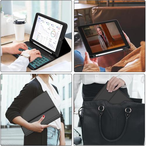 BORIYUAN iPad 10.2 inch Case with Keyboard, Detachable Bluetooth Keyboard with 7 Color Backlit, Slim Folio Smart Cover with Pencil Holder for iPad 9th/8th/7th Gen/iPad Pro 10.5/iPad Air 3rd Gen Black