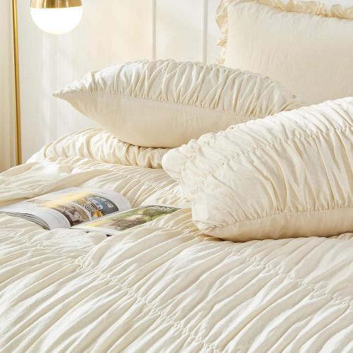 Queen Comforter Set - Ruched Comforter Queen Size Bed Set Boho Shabby Chic Bedding for Bedroom Comforter Fluffy 3 Piece Ruffle Comforter Set with Pillow White Bedding Soft