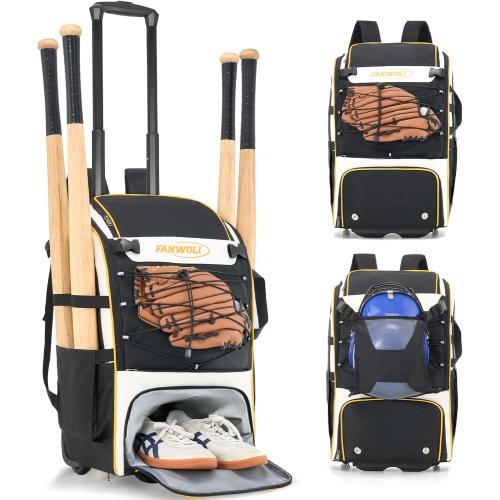 Fanwoli Leather Rolling Baseball Bag - Youth Softball Bag with Wheels for Boys Girls - Rain Cover & Mud Guard for Clean Car - Premium 4-Bat Tournament Roller - Large Equipment Organizer
