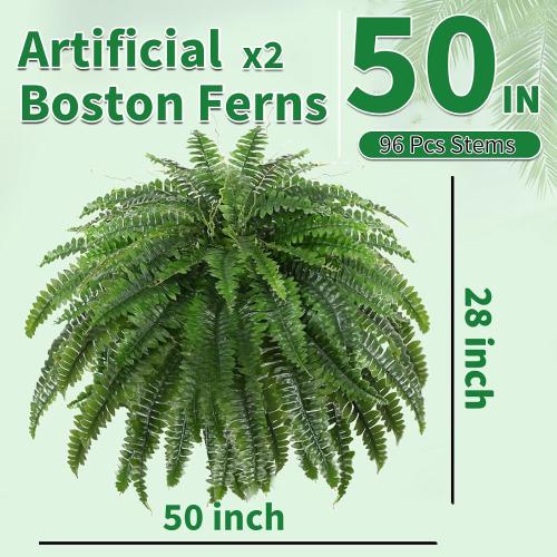 2 Pcs 50 Artificial Ferns for Outdoors with 96 Fronds & Ground Spike | Large Fake Ferns Artificial Boston Ferns Artificial Plants Large Faux Plants for Porch Garden Home Office Decor
