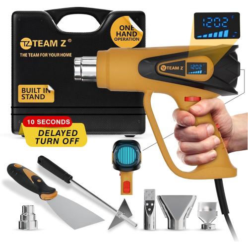 TEAM Z 1800W Premium Heat Gun kit 140°F~1202°F - Heavy Duty Heat Shrink Gun with Single Handed Operation, LCD Display Hot Air Gun with Case, Overload Protection with 6 Nozzles for Crafts