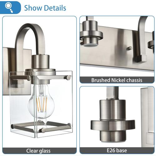 3-Light Bathroom Vanity Light Fixtures, Modern Vanity Lights with Clear Glass Shade Wall Light Brushed Nickel Wall Sconce Lighting for Living Room, Bedroom Kitchen Farmhouse