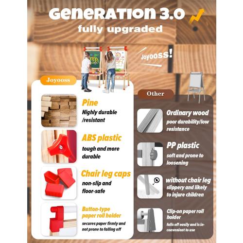 JOYOOSS Kids Wooden Easel with Paper Roll - Adjustable Magnetic Double Sided Drawing Board Whiteboard & Chalkboard Dry Easel Board,Children Art Easel for 3~12 Years Kids Boys Girls Painting Drawing