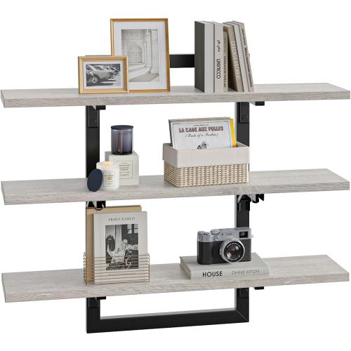 Bestier Floating Shelves for Wall, 32 inch Kitchen Shelves Wall Mounted, 3 Tier Coffee Bar Shelf with Foldable Brackets, Industrial Display Shelf for Bathroom, Living Room, Retro Grey