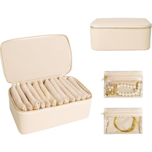 Travel Jewelry Case, Small Travel Jewelry Box with 12 Velvet Jewelry Bag Mini Pouch, Portable Travel Jewelry Organizer for Rings Earrings Necklaces (Beige 12 Pcs)