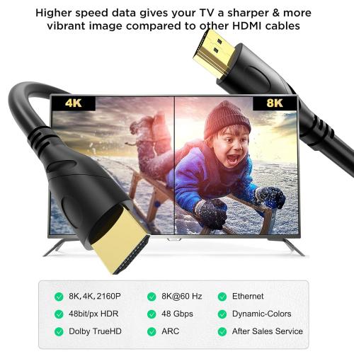 8K HDMI Cable 6.6ft, 48Gbps Ultra High Speed HDMI 2.1 Cord,Gold Plated Connectors, Supports 8K@60Hz&4K@120Hz,eARC, HDR, 3D,Compatible with PS5, Xbox Series X/S, Soundbar, 4K TV, Blu-Ray Player