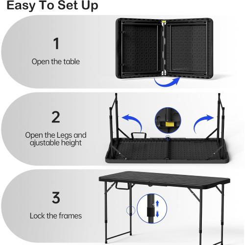 VSOAEIL Folding Table 4 Foot for Indoor Outdoor, Portable Heavy Duty Fold-in-Half Utility Small Plastic Adjustable Height Folding with Carrying Handle for Picnic Camping and Party, Matte Black