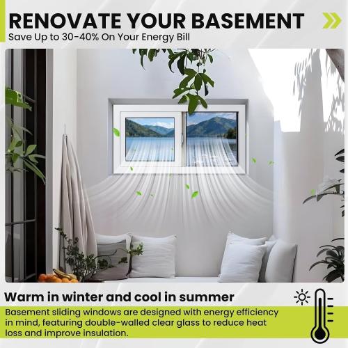 Vinyl Basement Sliding Window, 32 x 14 White | Removable Glass Pane, Double Pane Insulated Tempered Glass, and Mesh Screen for Basement Bathroom Home RV Garage