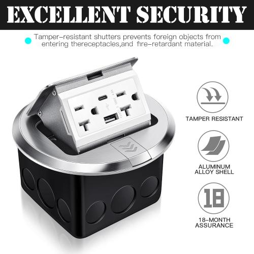 Hoolerry 1 Pack Round Pop up Floor Electrical Outlet Cover Kit with 4.8a USB Charger 20amp Waterproof Tamper Resistant Tr Receptacle Outlet Box for Countertop Home(Silver)