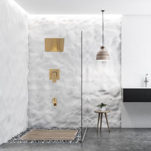 GGStudy Shower Faucet Set, Brushed Gold Tub Shower Faucet with 8 Inch Square Rainfall Shower Head and Tub Spout Shower Tub Faucet Set Complete Included Shower ValveTub Shower Trim Kit