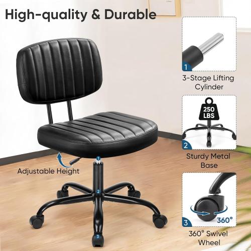 DUMOS Armless Office Desk Chair, Small Height Adjustable Computer Task Chair with Low Back Lumbar Support and 360° Swivel Rolling Wheels for Small Space, Kids and Adults, Dark Black