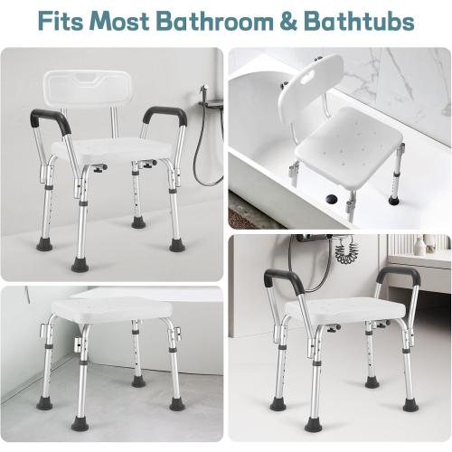 Shower Chair for Elderly and Disabled with Padded Armrests and Back, Adjustable Height Shower Seat, Tool-Free Heavy Duty Shower Chairs for Inside Shower, Handicap