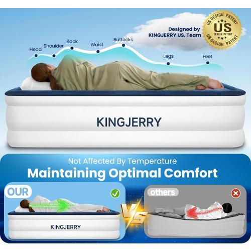KINGJERRY Queen Air Mattress with Built in Pump, Blow Up Mattress Queen 18 Raised Comfort, Upgrade Surface Inflatable Mattress, Leakproof Air Bed for Home Guests&Camping, 800 lbs Max, 3-Min Inflation
