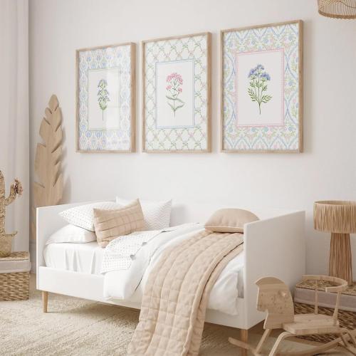 Lhoiplme Wildflower Nursery Wall Art Decor Baby Girl Room Canvas Prints Pastel Floral Wall Art Botanical Flower Pictures Pink Blue Wildflower Painting Artwork for Girls Bedroom 24x36x3 Inch Unframed