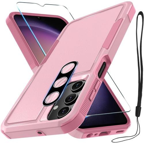 RMOCR Case for Samsung Galaxy A16 5G, Full Body Heavy Duty Rugged Shockproof Protective Phone Cover with Lanyard Strap, Tempered Glass Screen Protector and Camera Lens Cover, Cute Pink