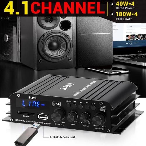S299 Max 800W Bluetooth Home Audio Amplifier, RMS 40Wx4 4.1CH Bluetooth Power Amplifier with Active Subwoofer, Sound Audio System w/AUX, Headphone Jack, USB, SD, Remote Control - Suacopzar