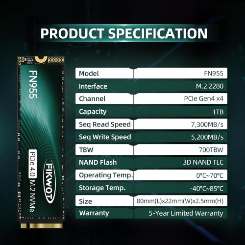 FN955 1TB NVMe SSD M.2 2280 PCIe Gen4x4, Up to 7300MB/s, 3D NAND TLC Flash Internal Solid State Drive, Configure SLC Cache, Storage and Memory Expansion for PS5 Laptop Desktop