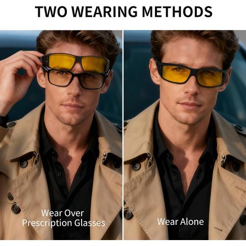 Night Vision Glasses for Driving - Wrap Around Fit Over Glasses for Men Women Anti Glare Polarized HD Yellow Lens