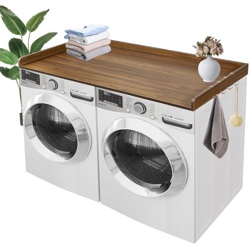 Washer Dryer Countertop, Wood Washer and Dryer Countertop 27.5 x 54 Laundry Room Organization with Metal Hooks & Non-Slip Pads Wood Shelf Topper for Storage Space Saver