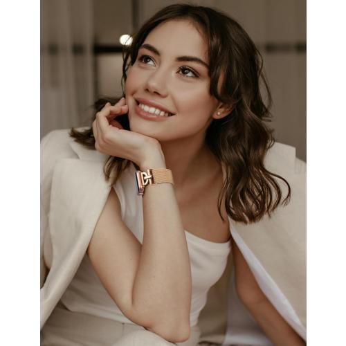 Stainless Steel Magnetic Loop Compatible with Apple Watch Band 38mm 40mm 41mm 42mm Women Metal Mesh D-shaped Clasp Strap for iWatch SE Series 10/9/8/7/6/5/4/3/2/1/Ultra(1/2) Rose Gold