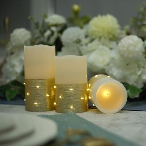 H-BLOSSOM Flickering Flameless Candles Ivory Real Wax Pillar with Embedded String Lights LED Candles Battery Operated with 10 Key Remote and Cycling 5H Timer Set of 3 (3 x 4/5/6) (Gold)