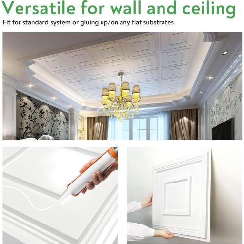 STICKGOO PVC Ceiling Tiles, 2'x2' Glue Up Ceiling Panel White to Prevent Breakage Cover 48 Sq. Ft, Pack of 10 Tiles