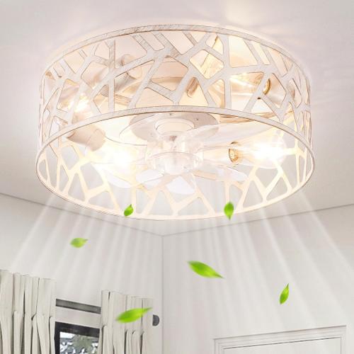 Flush Mount Fandelier Ceiling Fan with Lights and Remote, 18 inch Caged Ceiling Fan with Light Vintage White, Farmhouse Ceiling Fans for Bedroom, Kitchen, Living Room