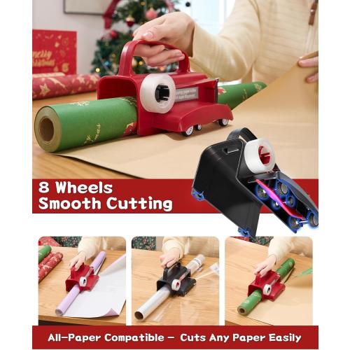 2-Pack Wrapping Paper Cutter with Wheels & Tape Dispenser - Gift Wrap Tool Kit with Replaceable Blades for Christmas, Birthday - Safe, Efficient, and Precise Cutting