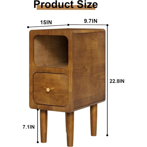 Narrow Nightstand, Solid Wood Night Stand with Drawers, Walnut Mid Century Modern Nightstand, Small Beside Table with Open Storage Shelf for Bedroom (10 inch)