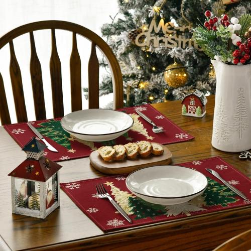 Artoid Mode Xmas Trees Snowflakes Winter Placemats Set of 4, 12x18 Inch Seasonal Red Christmas Table Mats for Party Kitchen Dining Decoration