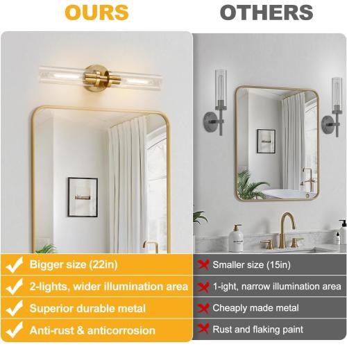 Brushed Gold Wall Sconces, Hardwired Bathroom Sconces Wall Lighting with Clear Glass, Modern Sconces Wall Light fixtures for Bathroom Mirror Living Room Hallway Bedroom