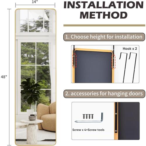 Full Length Door Mirror 14x48, Metal Frame with Protective Film, No-Drilling Hanging or Wall Mount (Horizontal/Vertical), Hooks & Hardware Included, Full Body Mirror for Bedroom, Dorm, Gold