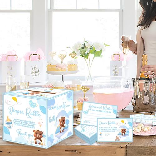 51 Pcs Diaper Raffle Tickets with Box for Baby Shower Games, Blue Baby Shower Game Box for Gender Reveal Party Decorations