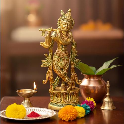StonKraft Brass Krishna Kishan Kanha Murti Idol Statue Sculpture - 9 Inches