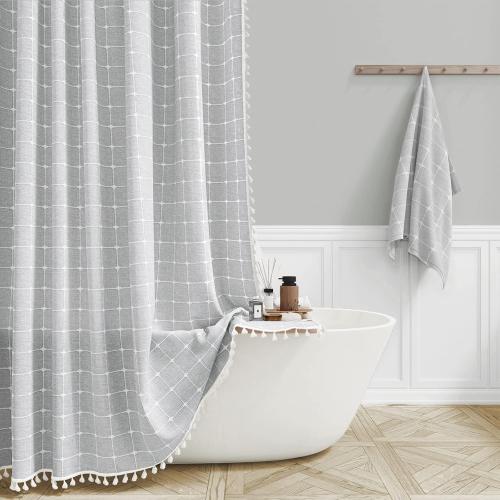 BTTN Boho Farmhouse Shower Curtain, Linen Rustic Heavy Duty Fabric Shower Curtain Set with Tassel, Water Repellent, Bohemian Vintage Country Thick Cloth Shower Curtains for Bathroom, Gray/Grey, 72x72