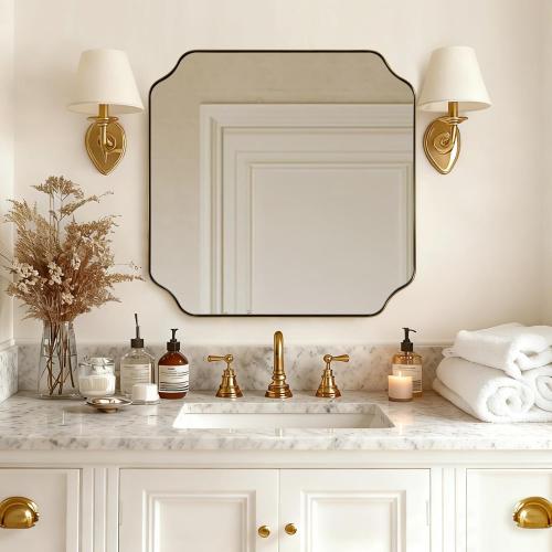 ANDY STAR 30x30 Square Bathroom Mirror, Brushed Gold Scalloped Mirror for Wall, Antique Brass Mirror with Designer-Crafted Rounded Notched Corners, Ideal for Home Remodel