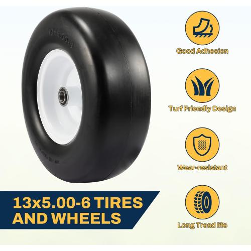 13x6.50-6 Flat Free Lawn Mower Tire, Zero Turn Mower Front Tires, 13x5x6 Solid Lawn Mower Tires for Residential and Commercial, with Centered Hub, 2 Pack