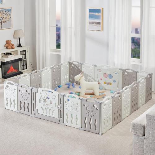 Albott Baby Playpen 22 Panel Foldable Baby playpen Folding Play Pen Kids Activity Centre Safety Play Yard Home Adjustable Shape, Portable Design for Indoor Outdoor Use (White Grey, 22 Panel)