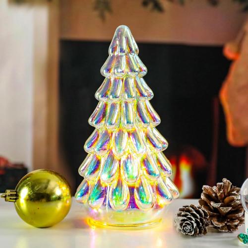 Small Christmas Tree Tabletop Decor - Glass LED Lighted Xmas Tree Ornament.            Window Home Decor Holiday Decorations.  ( Set of 4 )