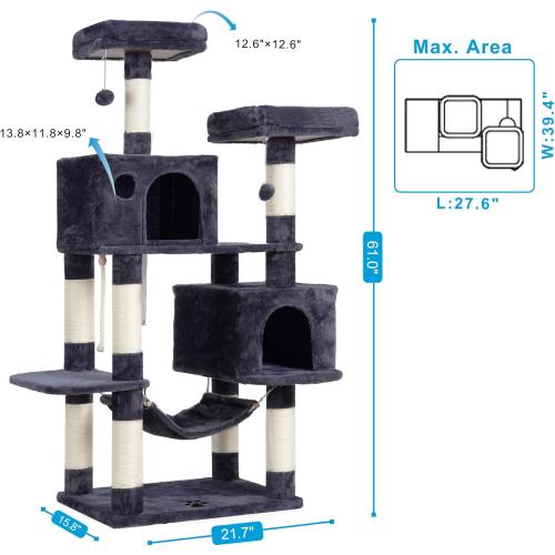 Hey-brother Large Multi-Level Cat Tree Condo Furniture with Sisal-Covered Scratching Posts, 2 Bigger Plush Condos, Perch Hammock for Kittens, Cats and Pets Smoky Gray MPJ020G
