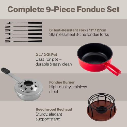 Swissmar Ticino Cast Iron Fondue Set with Enameled Interior, 2L / 2 QT – 9-Piece Cheese & Chocolate Fondue Pot with Forks, Burner & Beechwood Base – Perfect for Family Gatherings & Gift Giving – Red