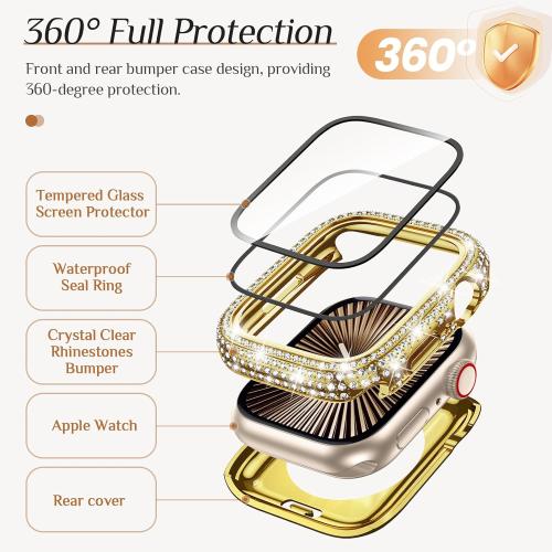 Goton 46mm Waterproof Bling Case for Apple Watch Series 11 & 10 Screen Protector 46 mm, Sparkling PC Front Bumper & Hollow Back for iWatch Cover, Splash-Resistant, Easy Install