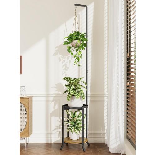 iDavosic.ly Hanging Plant Stand Indoor, 2 Tier, 60 In Tall, Black & Brown